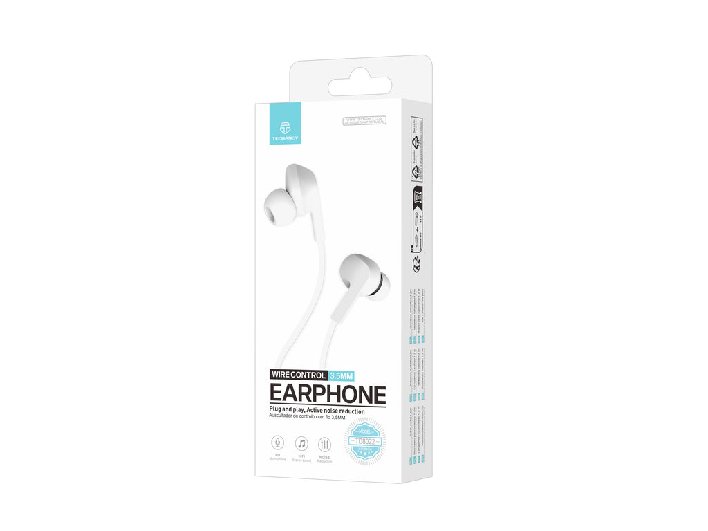 Techancy Auricular Com Fios Branco TD8022 , Microfone Integrado, 3,5 Mm, Compatível Com Smartphones E Tablets