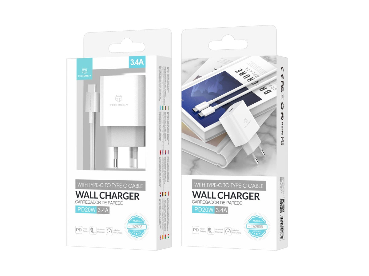 Techancy Carregador De Parede Pd Branco TA2807, Carregamento Rápido 3.4A Pd20w, Conjunto De Cabos Tipo-C Para Tipo-C 1m