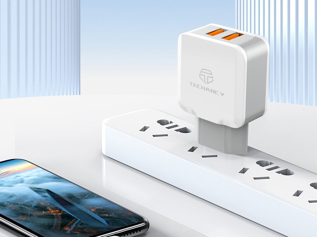 Techancy Carregador De Parede De Porta Usb Dupla 2.4A Branco TA2757 Com Conjunto De Cabos Usb-Tipo-C 1m