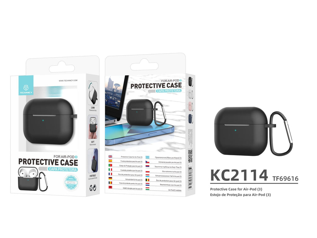 Capa protetora de silicone para auriculares Techancy, KC2114, compatível com AirPods 3.ª geração, Preto