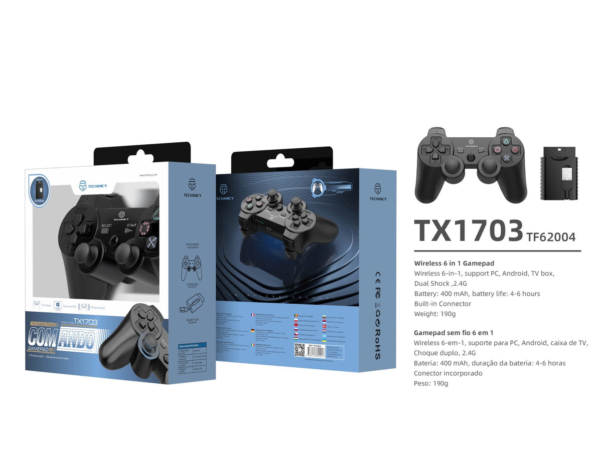 Controlador sem fios para jogos Techancy 6 em 1, bateria incorporada, ligação sem fios 2,4G, TX1703, compatível com PC/Android/TV Box/PS3/TV/Game Box, preto
