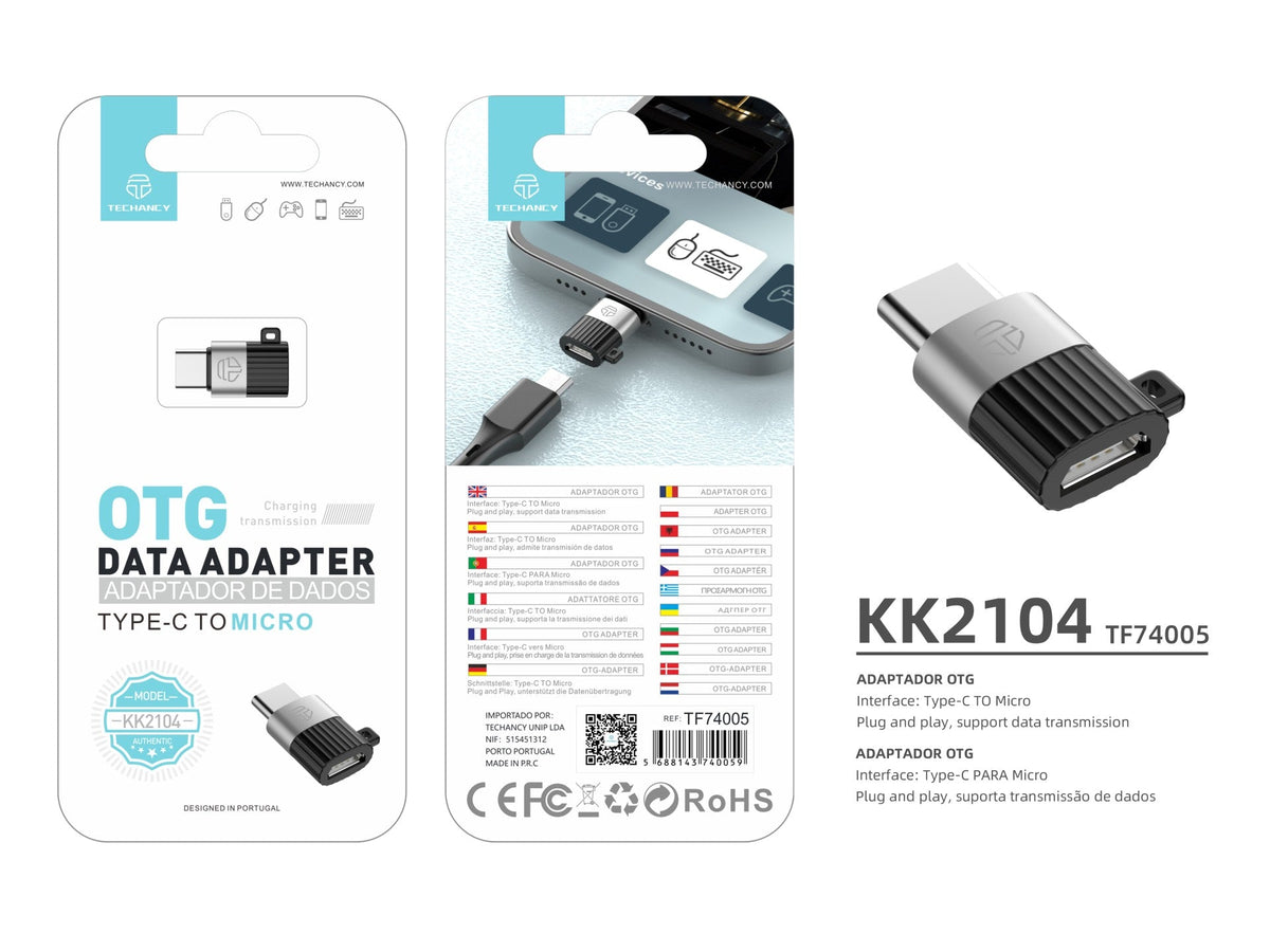 Adaptador OTG Techancy KK2104, Tipo C para Micro, suporta carregamento e transferência de dados, compacto e portátil.