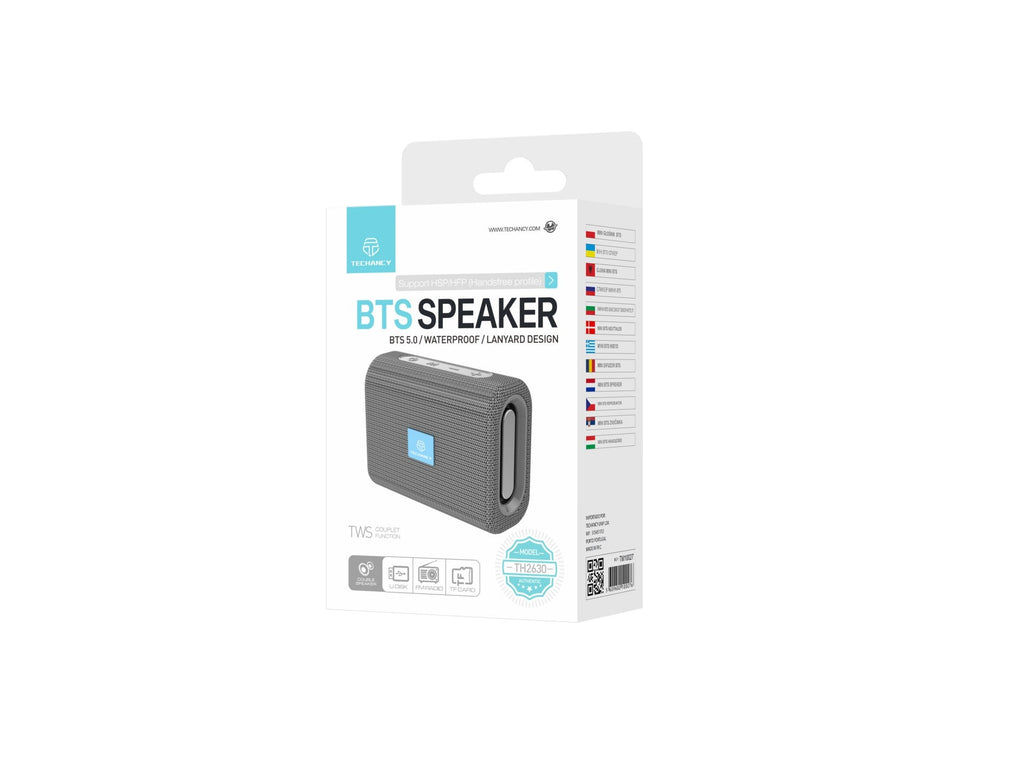 Techancy Mini Altifalante Sem Fios Cinzento TH2630, Reprodução Com Bateria Incorporada, Conetividade Bluetooth 5.0, Suporte Tws
