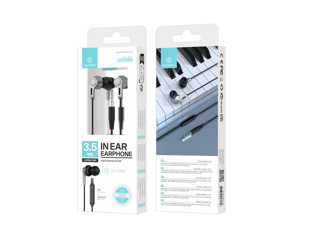 Techancy Auscultadores Intra-Auriculares 1,2 Metros Pretos TD8088, 3,5 Mm Com Microfone, Auscultadores Com Som Estéreo 3d