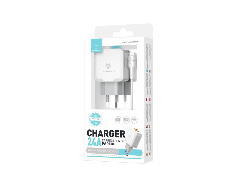 Techancy Carregador De Parede De Porta Usb Dupla 2.4A Branco TA2757 Com Conjunto De Cabos Usb-Tipo-C 1m
