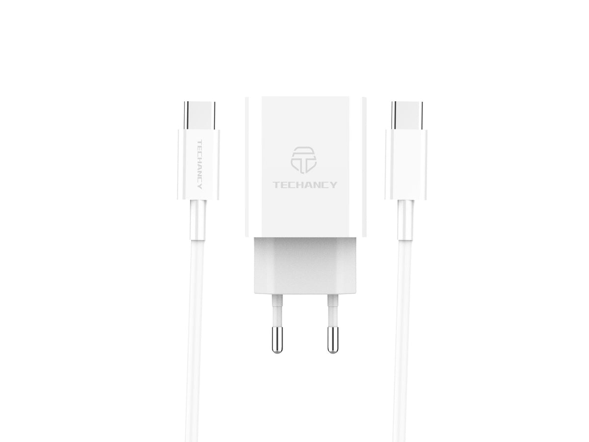Techancy Carregador De Parede Pd Branco TA2807, Carregamento Rápido 3.4A Pd20w, Conjunto De Cabos Tipo-C Para Tipo-C 1m