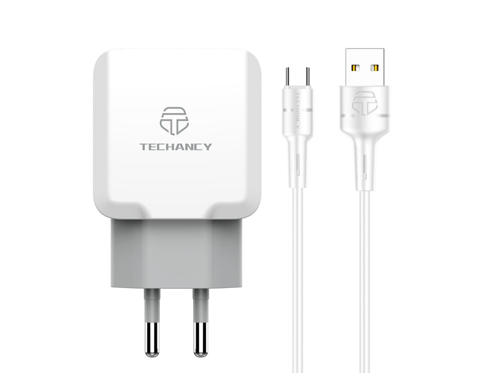 Techancy Carregador De Parede De Porta Usb Dupla 2.4A Branco TA2757 Com Conjunto De Cabos Usb-Tipo-C 1m