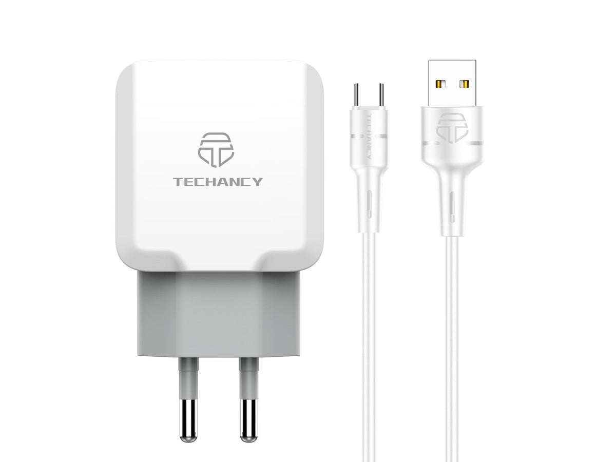 Techancy Carregador De Parede De Porta Usb Dupla 2.4A Branco TA2757 Com Conjunto De Cabos Usb-Tipo-C 1m