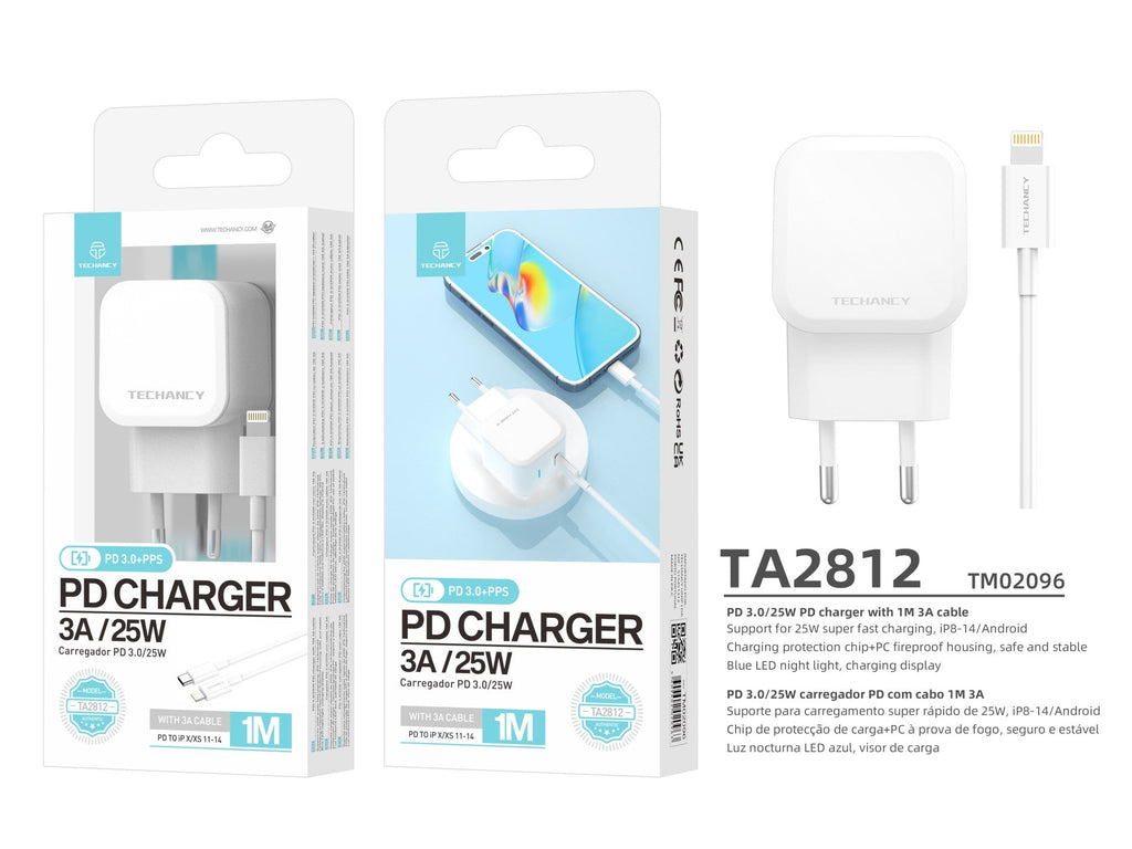 Techancy Carregador Pd De 25w Usb C Branco TA2812, Cabo De Carregamento Rápido Usb C Para Ip8/X/11-14 Kit 3a.