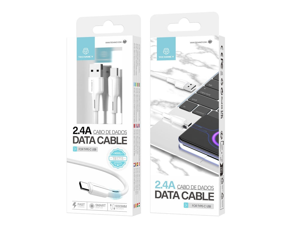Techancy Cabo De Dados Usb-Type-C Branco 1M TB1715,Carregamento Rápido De 2,4 A, Suporta Transmissão De Dados, Material Pvc
