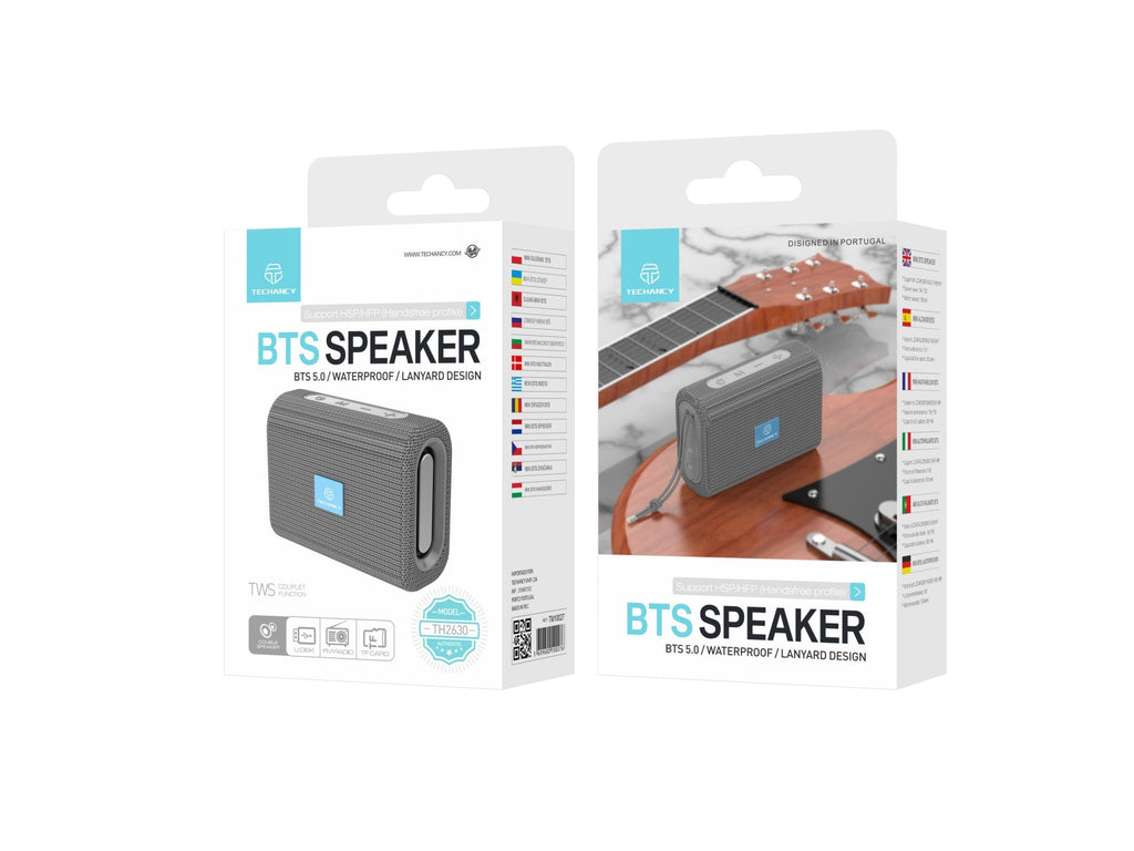 Techancy Mini Altifalante Sem Fios Cinzento TH2630, Reprodução Com Bateria Incorporada, Conetividade Bluetooth 5.0, Suporte Tws