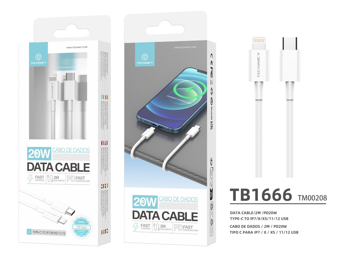 Techancy Cabo De Dados Branco 20w TB1666, Compatível Com Iphone 7 Até 14, Carregamento Rápido Pd, Durável, 2m