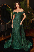 Royal Blue Off Shoulder Glitter Evening Gown with Sheer Overlay  CDJ836