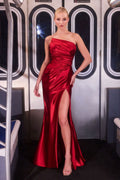 Strapless Fashion Forward Liquid Satin Gown w/ Leg Slit & Ruched Waistline CDJ906
