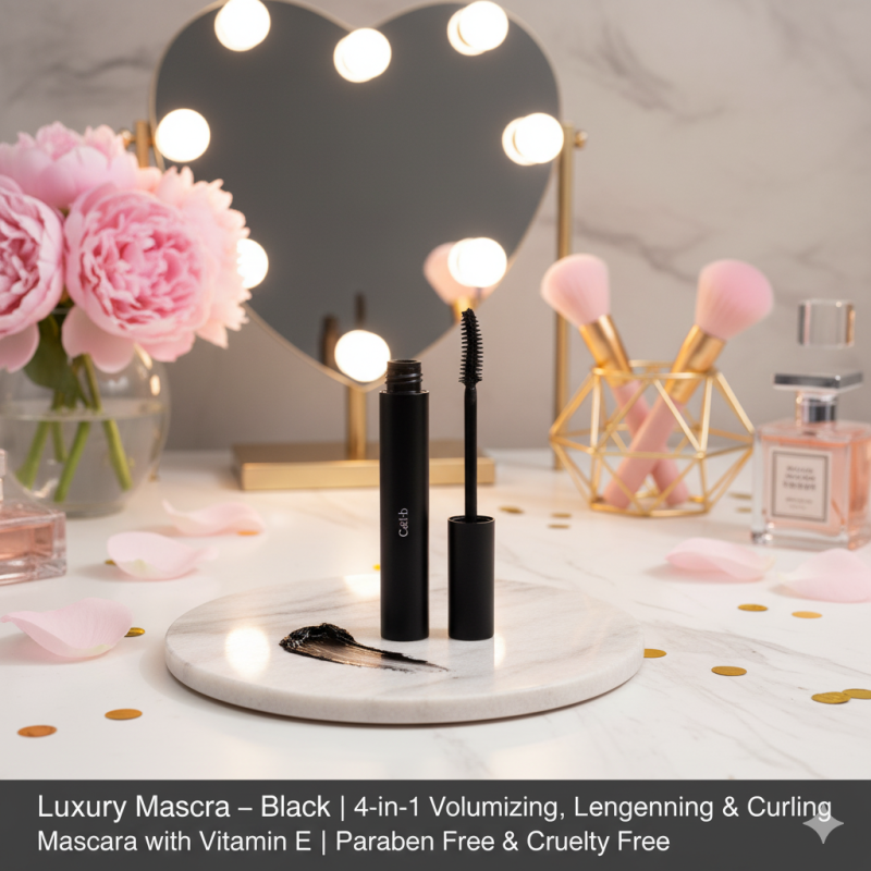 Luxury Mascara – Black | 4-in-1 Volumizing, Lengthening & Curling Mascara with Vitamin E | Paraben Free & Cruelty Free