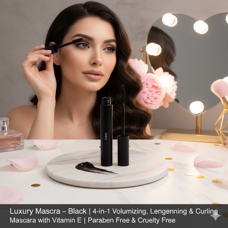 Luxury Mascara – Black | 4-in-1 Volumizing, Lengthening & Curling Mascara with Vitamin E | Paraben Free & Cruelty Free