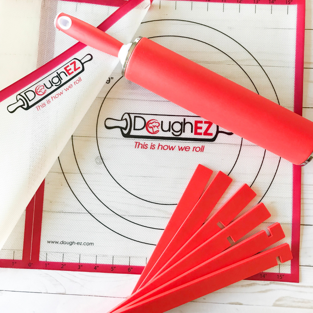 DoughEZ Extra Large 17.5 x 32 Non-Slip Silicone Pastry Dough Rolling Mat and 6 Guide Sticks - BPA Free, Approved materials