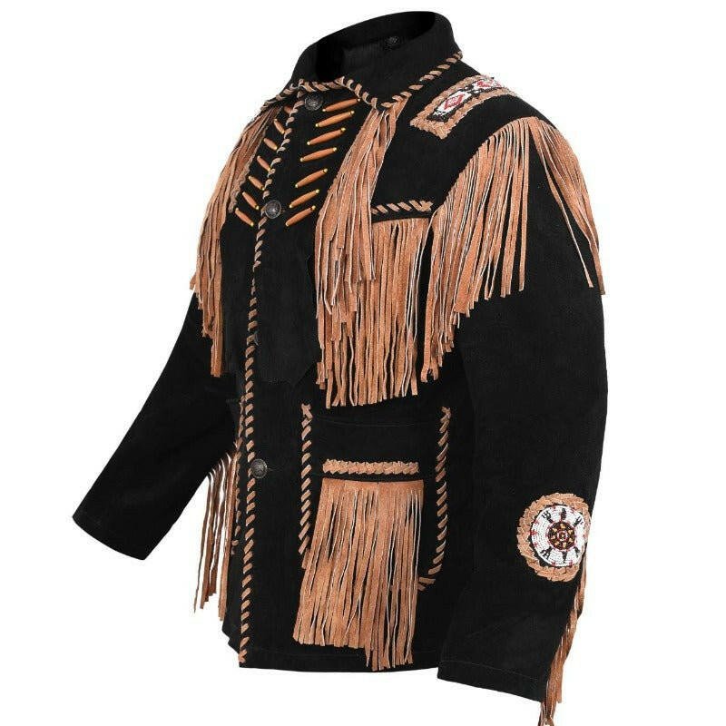 MENS COWBOY WESTERN SUEDE LEATHER JACKET WITH BONES BEADS FRINGES- BIKERS STYLE MENS CLASSIC FASHION.