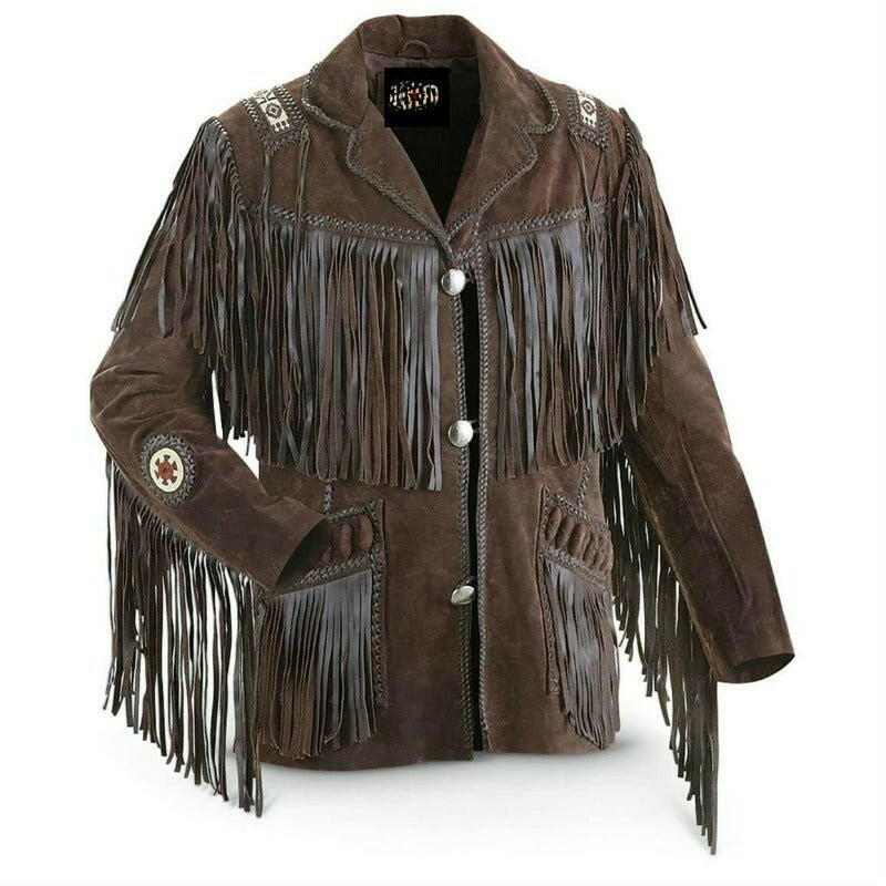 MENS COWBOY WESTERN SUEDE LEATHER JACKET WITH BONES BEADS FRINGES- BIKERS STYLE MENS CLASSIC FASHION.