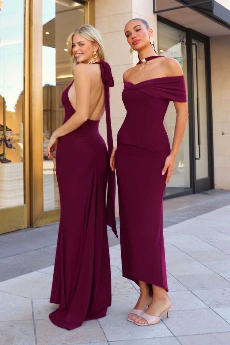 Off The Shoulder Evening Gown w/ Halter Neckline & Charming Open Back CDT503