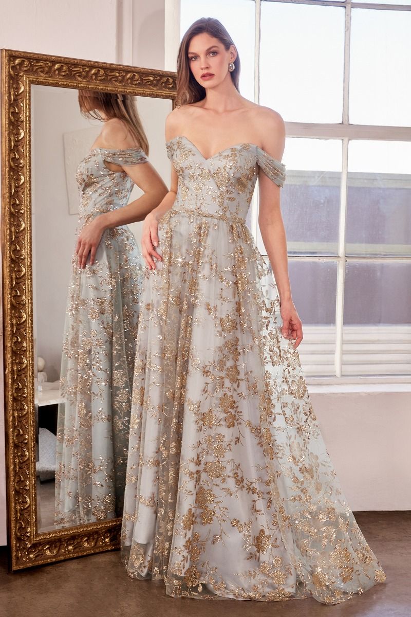 Dusty Rose Off-Shoulder Floral Appliqué A-Line Gown CDT607