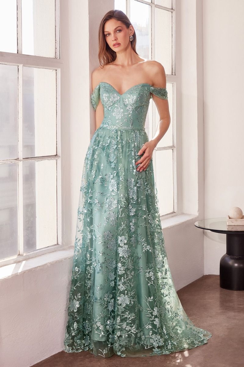 Dusty Rose Off-Shoulder Floral Appliqué A-Line Gown CDT607