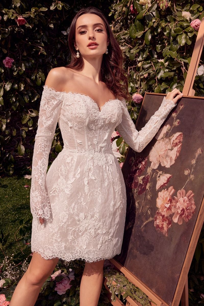 Off Shoulder Mini Wedding Gown w/ Long Sleeves & Floral Lace Design CDWL021