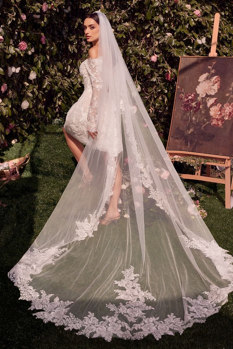 Off Shoulder Mini Wedding Gown w/ Long Sleeves & Floral Lace Design CDWL021